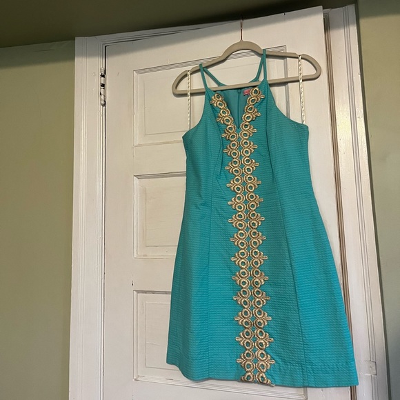 Lilly Pulitzer Teal Blue Shift Dress with Gold Detail - Picture 4 of 4